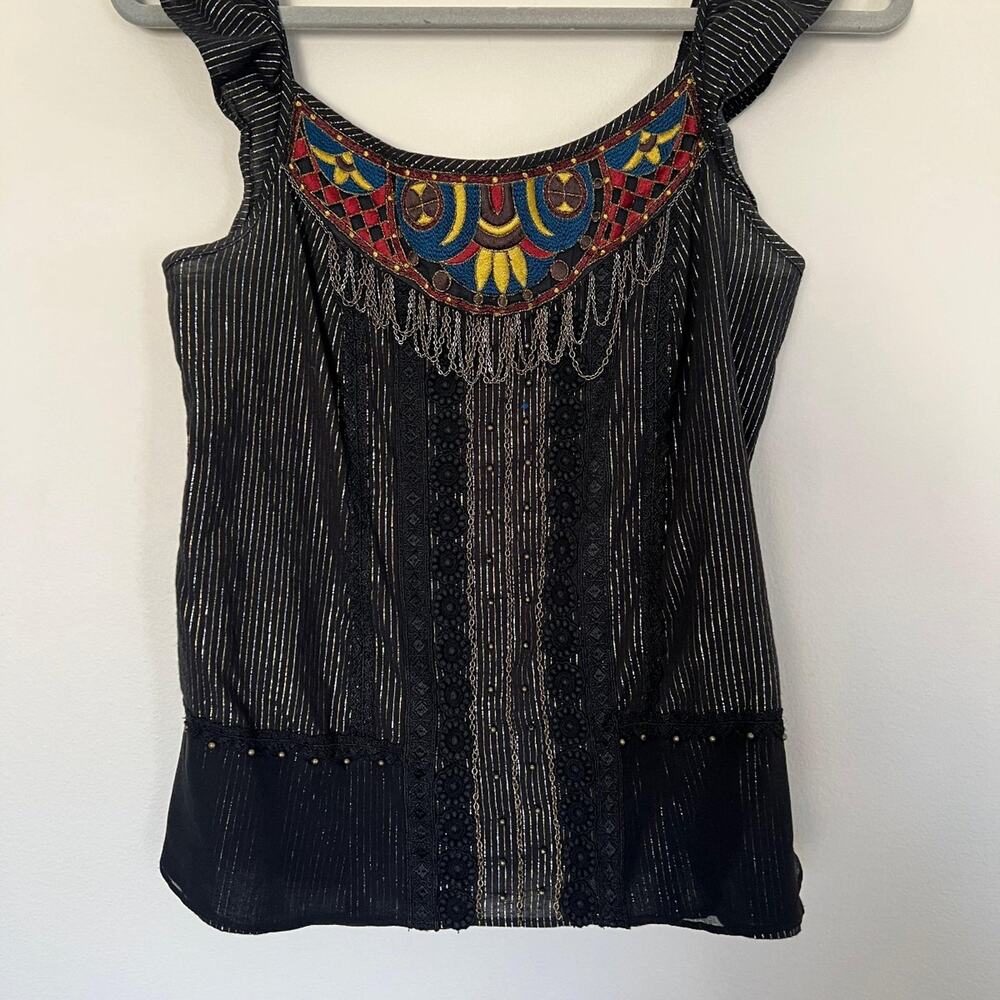 Boho Embroidered Silk Cotton Metallic Gold Stripe Tank Top Size Medium #80